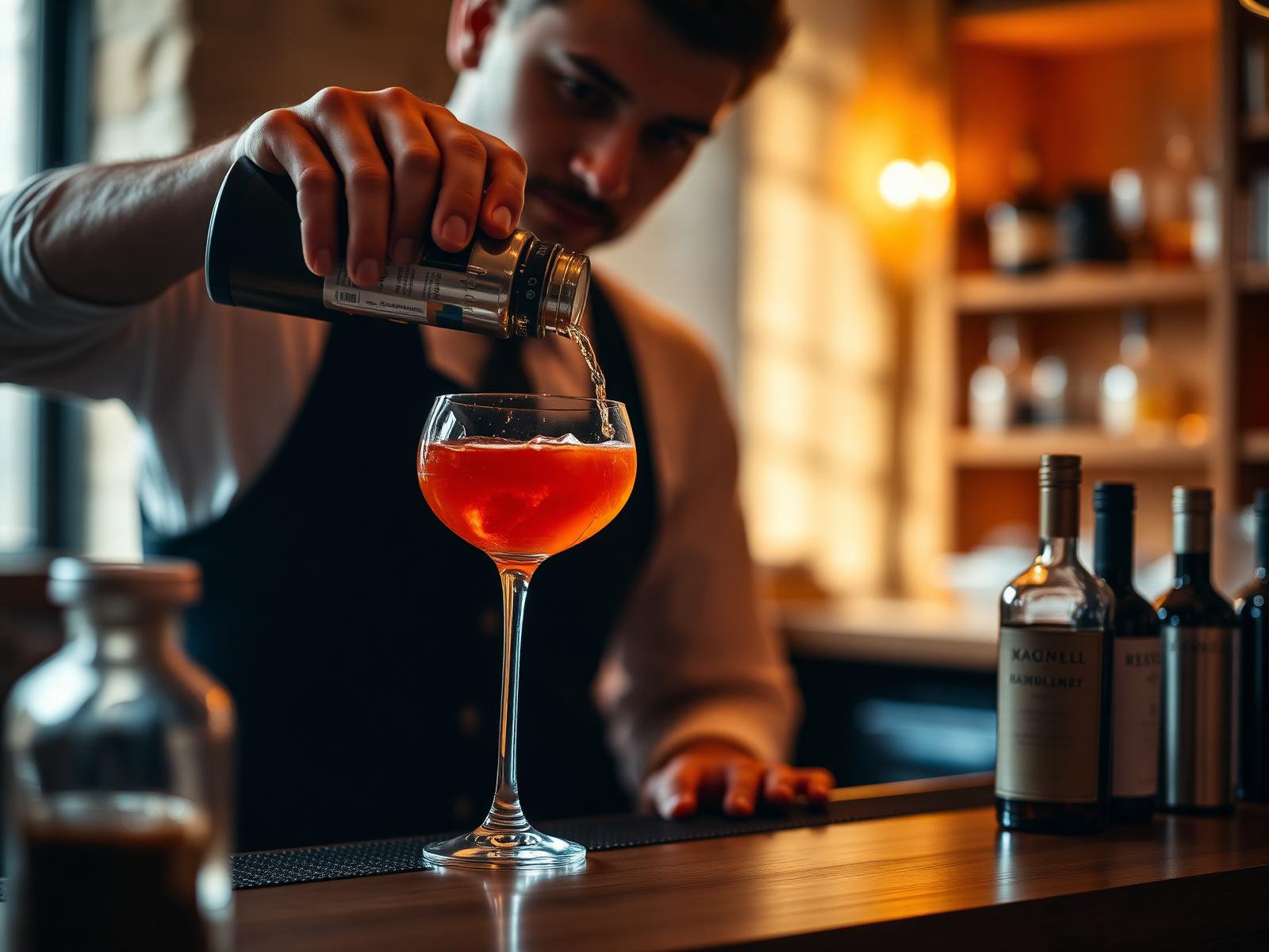 Bartender skænker en cocktail i en oplyst bar